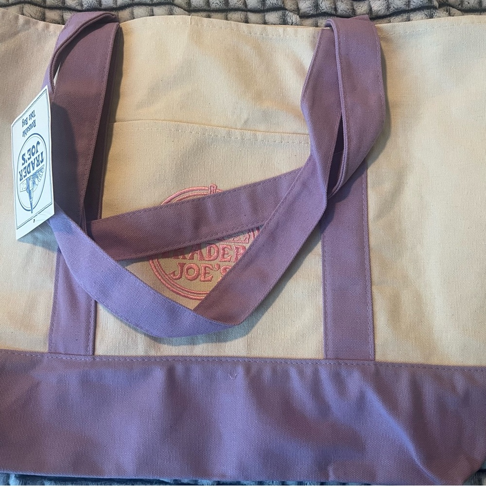 Trader Joe's Cream and Lavender Canvas Tote Large - Picture 2 of 2